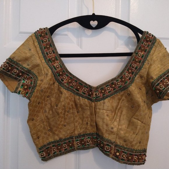 Gold saree/lehenga blouse crop top with hand embroidery and sequins - Picture 3 of 8